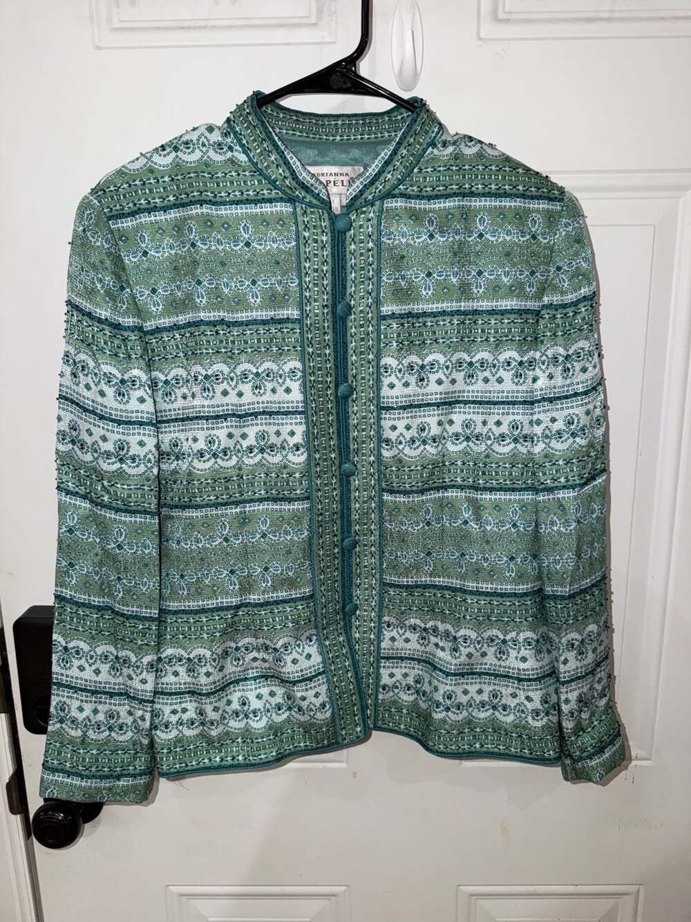 Adrianna Papell Green Silk Embellished Long Sleeve jacket  Size 12